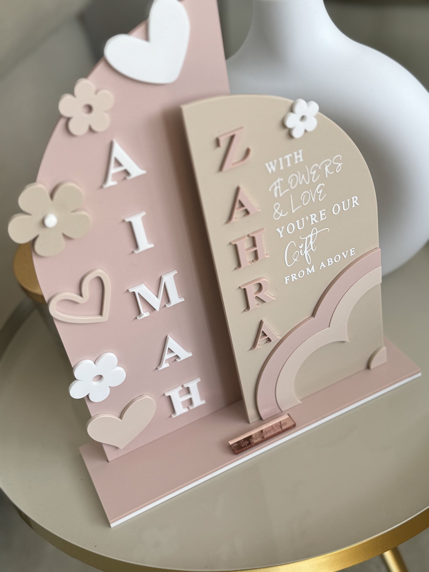 Girls Semi Arch Flower Theme Standing Name Plaque Gift