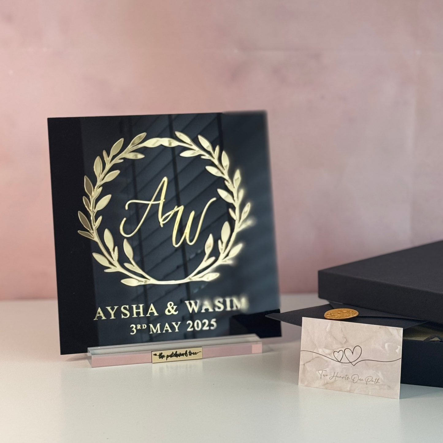 Wreath of Love - Black and Gold Wedding Plaque