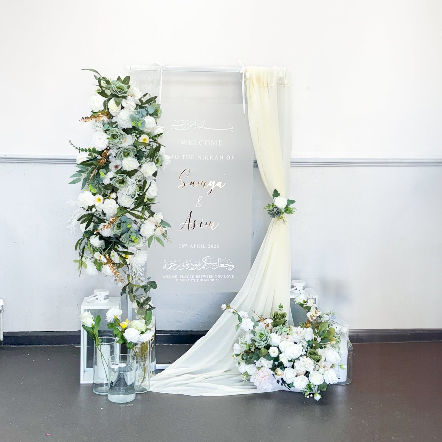 Floral Hanging Wedding Sign - White Frame / Green and White Florals