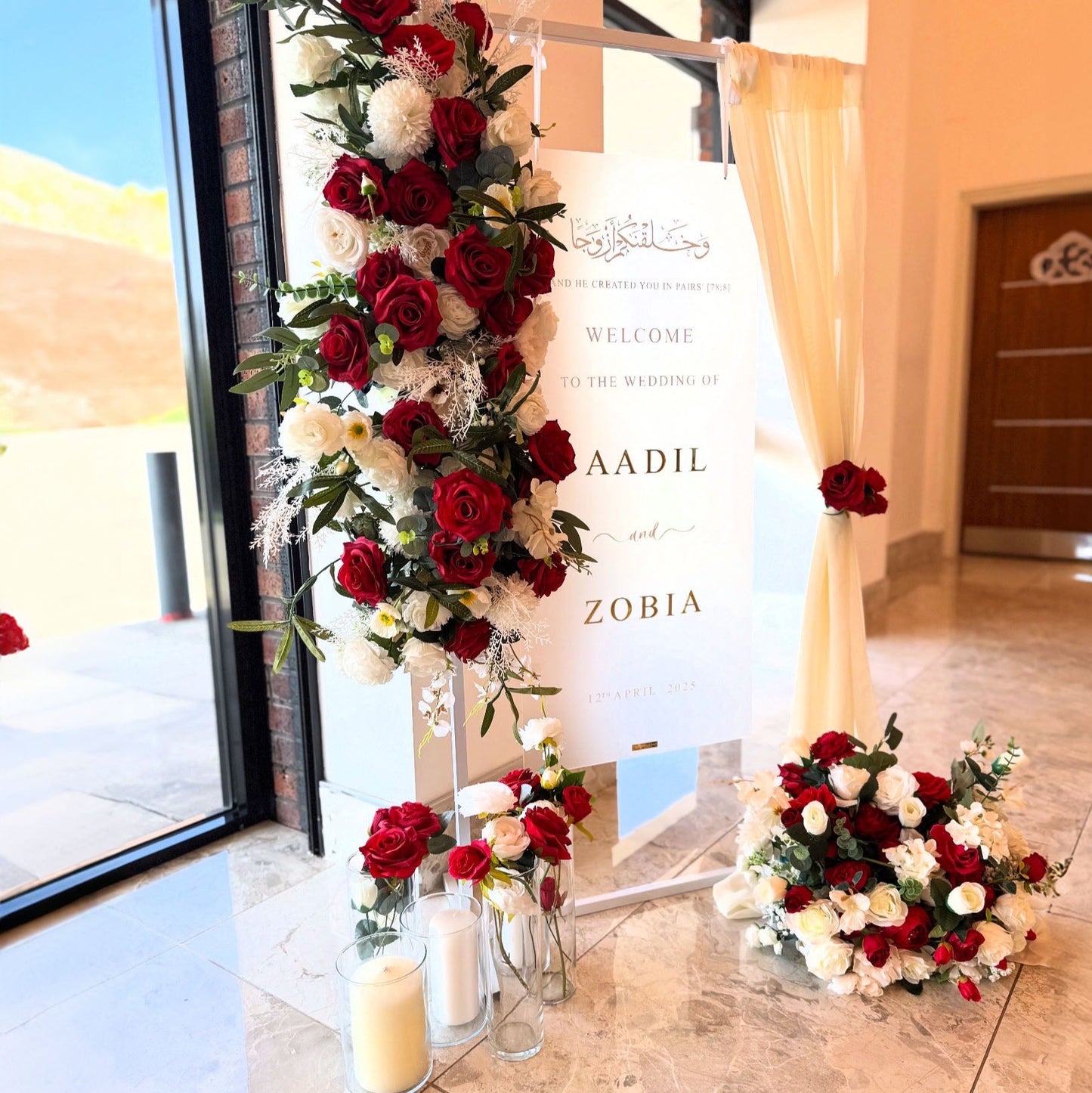 Floral Hanging Wedding Sign - White Frame / Red and White Florals