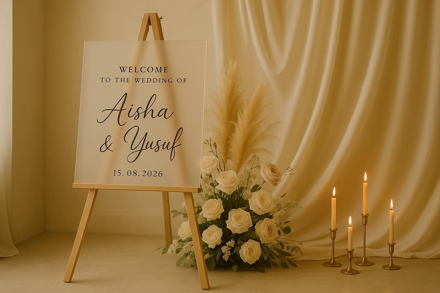 Frosted acrylic wedding welcome sign reading Welcome to the wedding of Aisha and Yusuf, on a wooden easel beside roses, pampas grass and candles