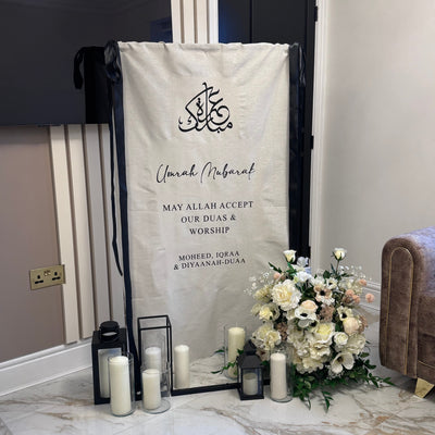 Personalised beige linen wedding welcome sign with black ribbon